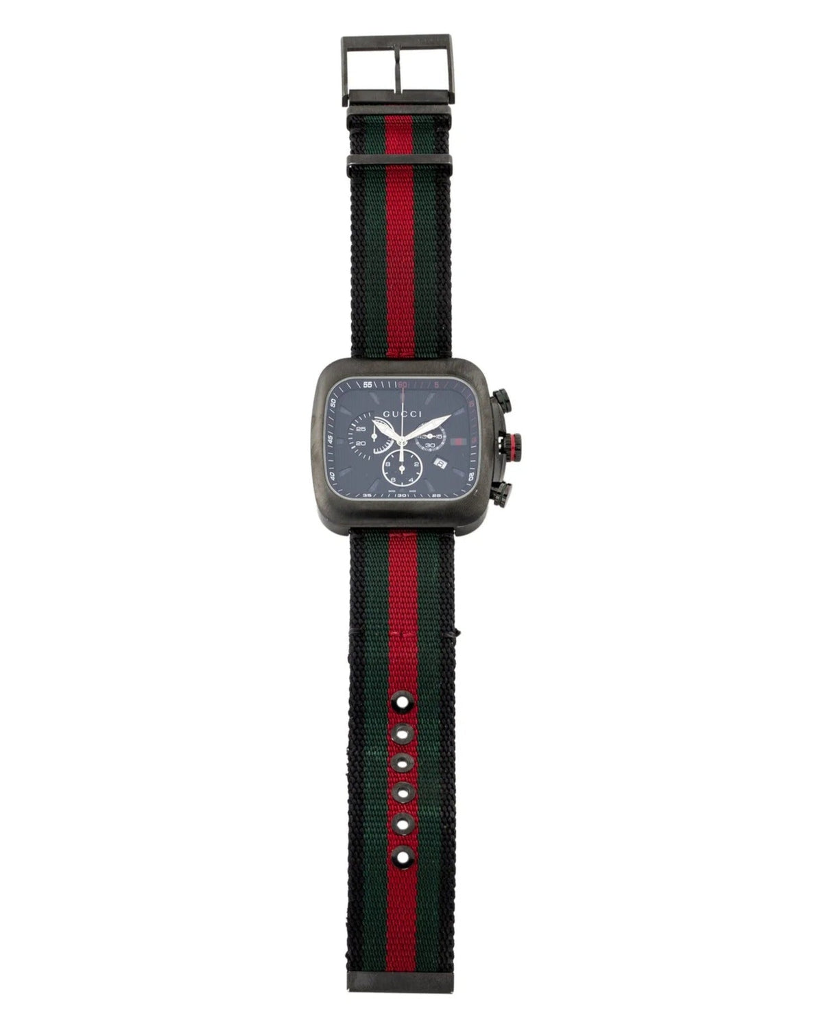 Gucci Coupe watch side view displaying chronograph subdials and NATO strap detail