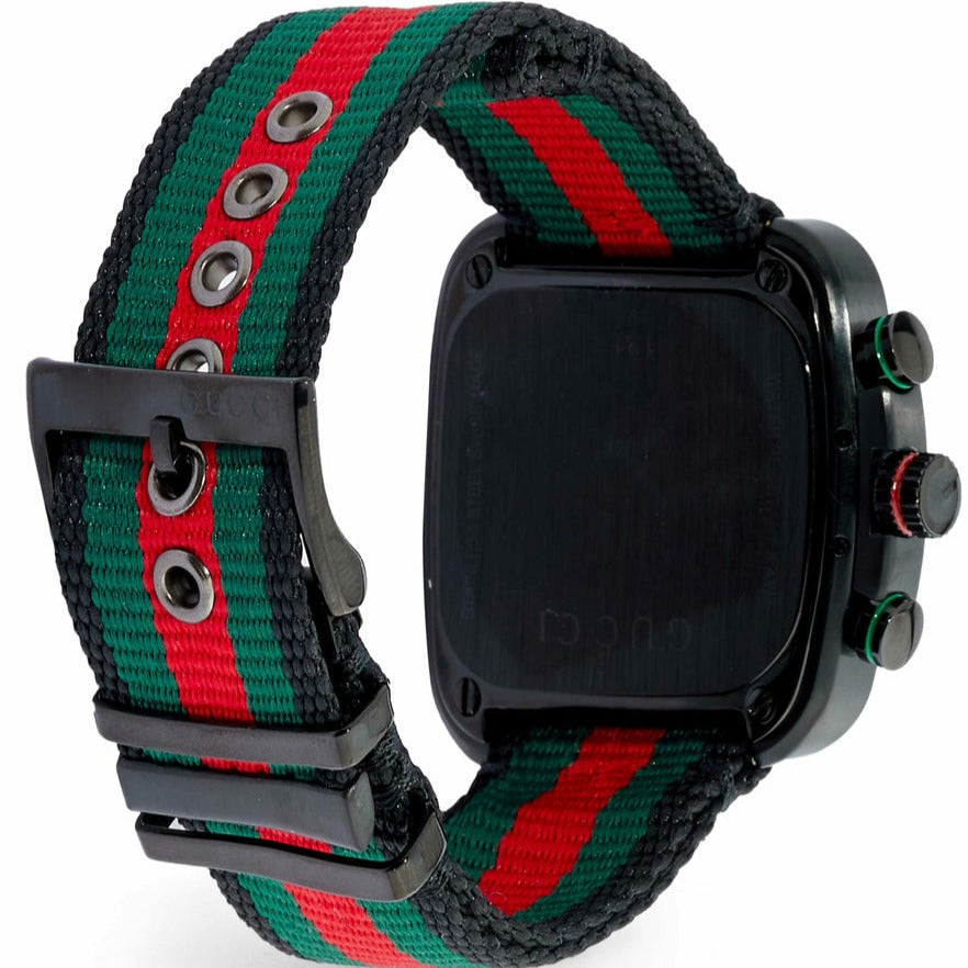 Gucci Coupe NATO nylon strap with green-red-black striped pattern and adjustment eyelets