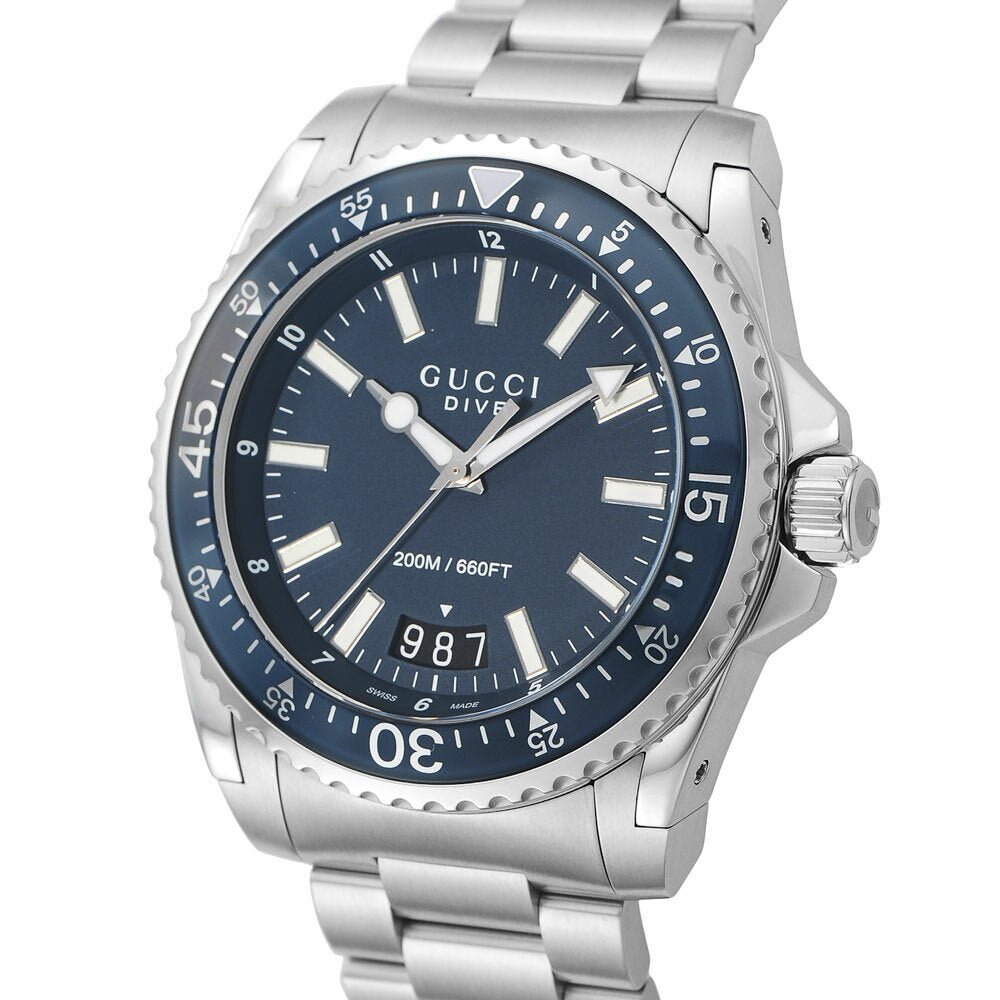Angled view of Gucci Dive YA136203 showing blue dial with rotating bezel