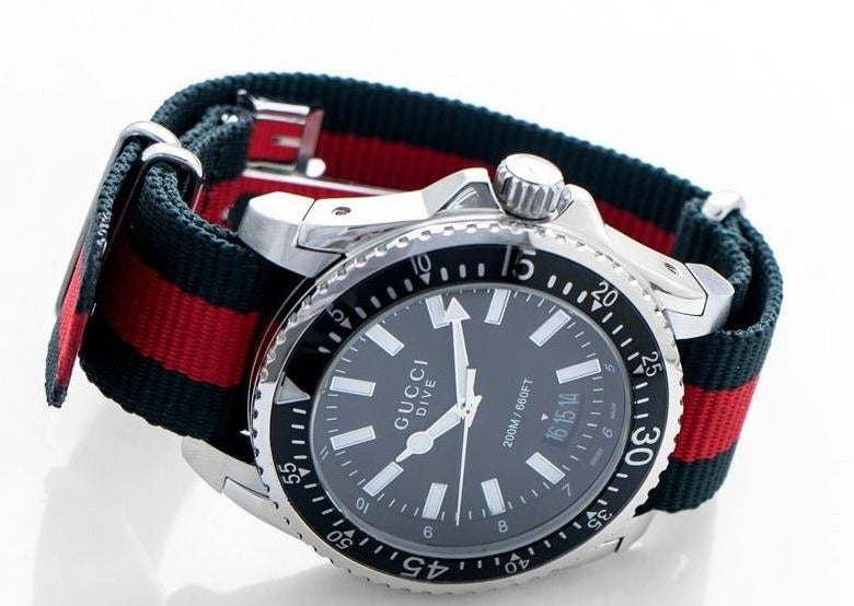 Gucci Dive Black Dial Two Tone NATO Strap Watch For Men - YA136206