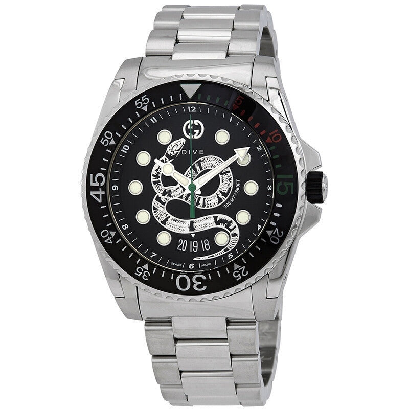 Gucci Dive 45mm Black Snake Dial Steel Men's Watch YA136218