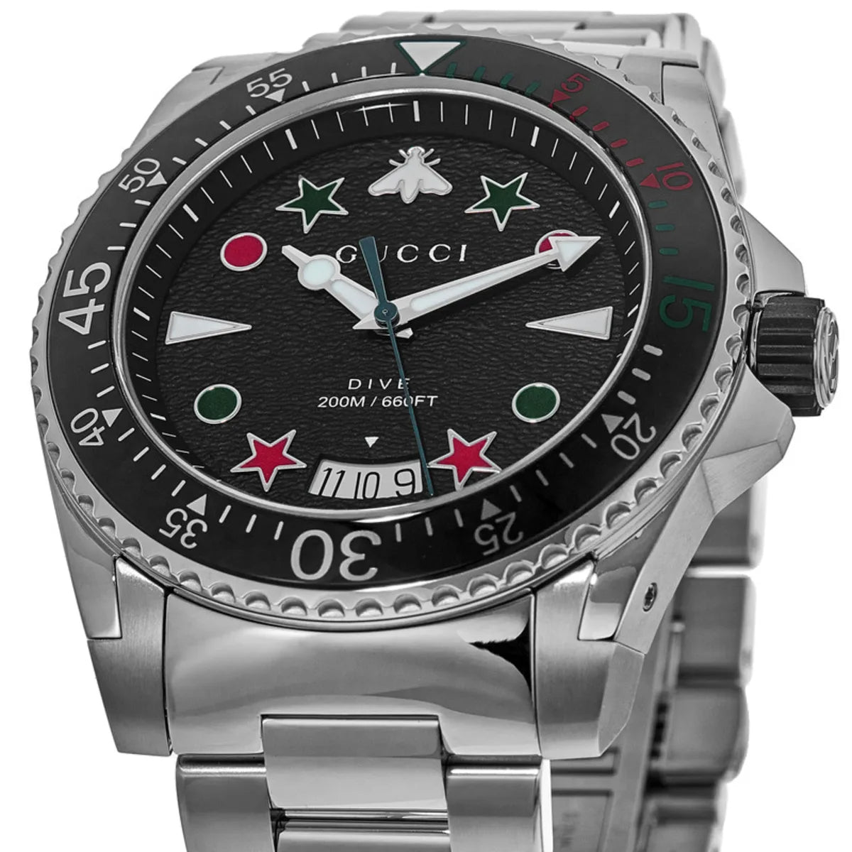 Angled view of Gucci Dive 45mm black dial stainless steel watch with date window