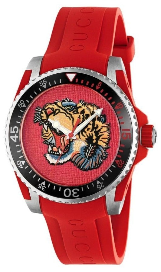 Gucci Dive 40mm Embroidered Tiger Red Rubber Men's Watch - YA136315