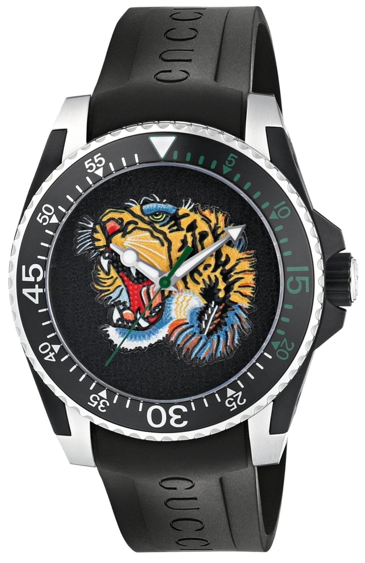 Gucci Dive  40mm Stainless Steel Quartz Black Dial with Angry Tiger Motif  Men's Watch YA136318