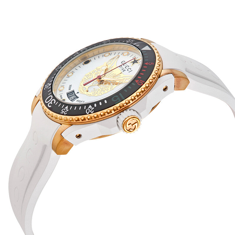 Gucci Dive YA136322 white dial gold-tone case with white rubber strap angle view