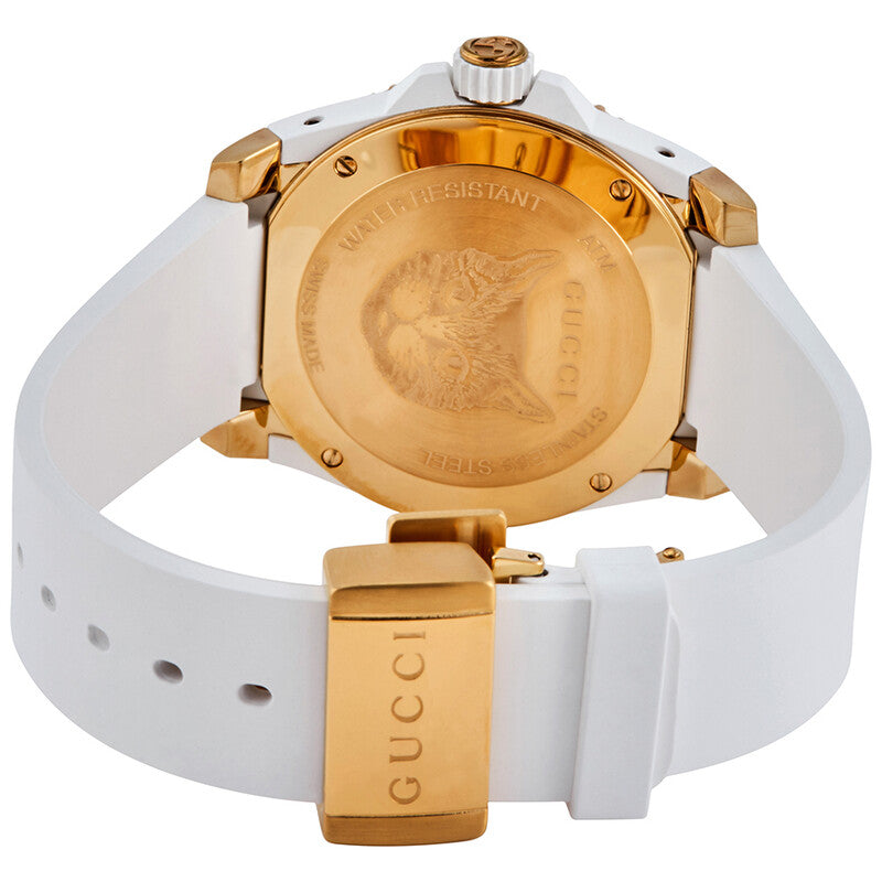 Gucci Dive YA136322 gold-tone caseback with white rubber strap