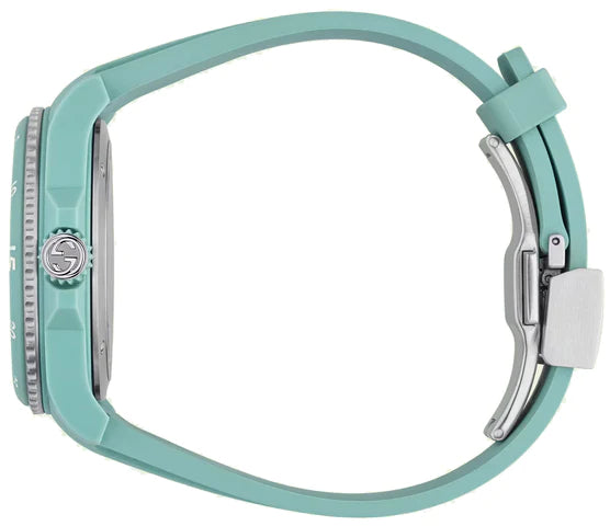 Gucci Dive watch strap detail showing aquamarine bio-based plastic band and buckle