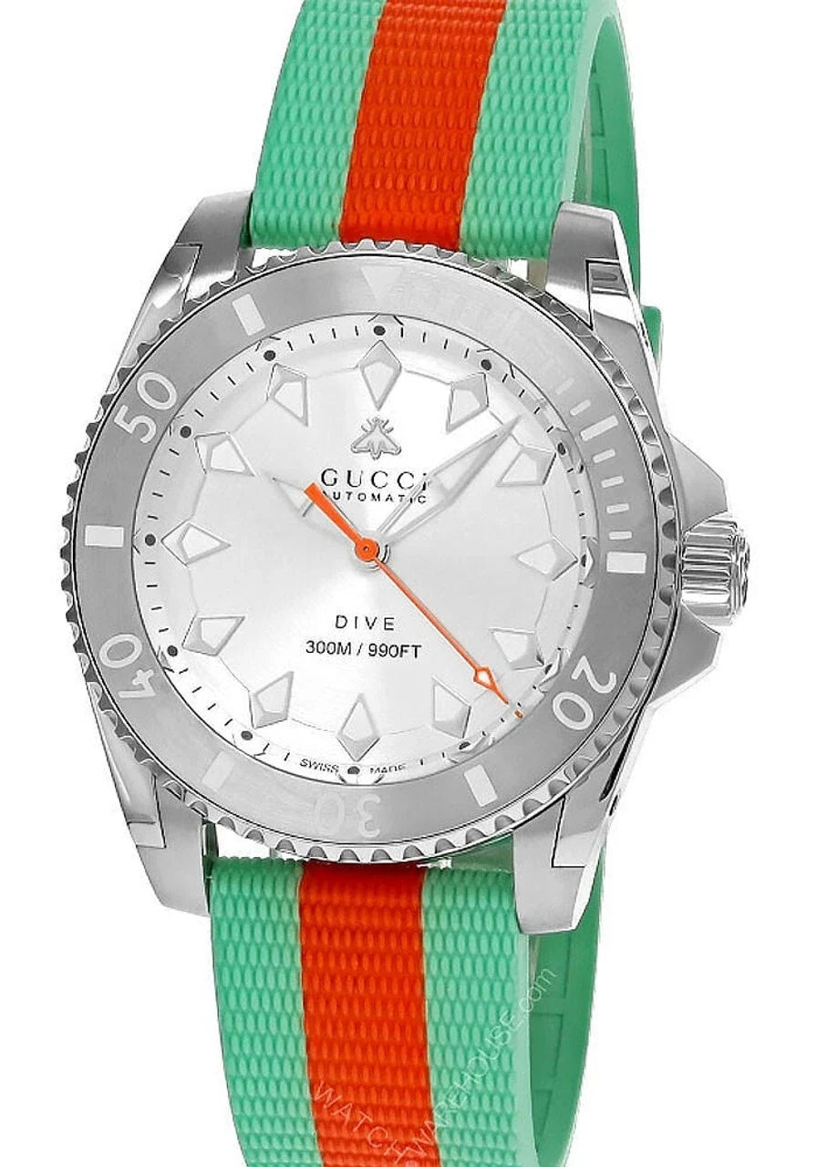 GUCCI Dive 40MM stainless steel watch with silver dial and turquoise orange green rubber strap