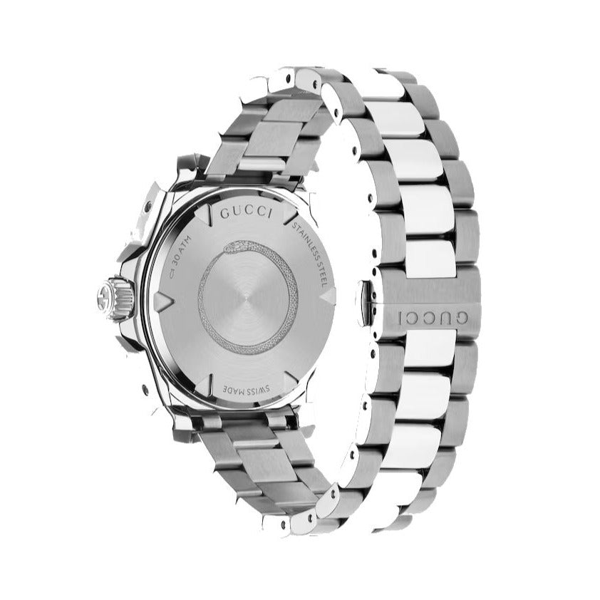 Caseback view of GUCCI Dive watch with engraved text and stainless steel bracelet