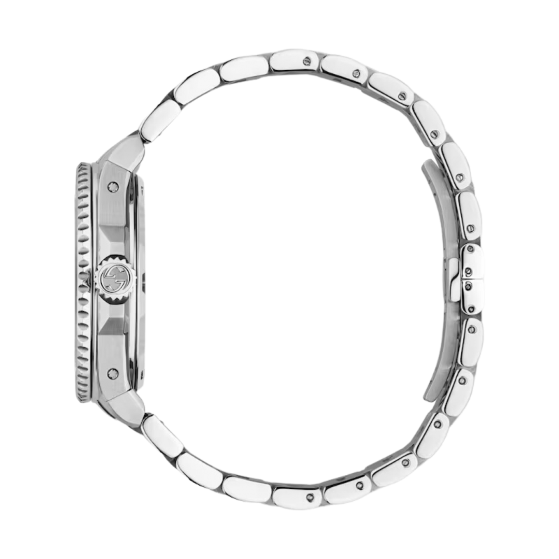 Side profile of GUCCI Dive watch showing stainless steel bracelet and case thickness
