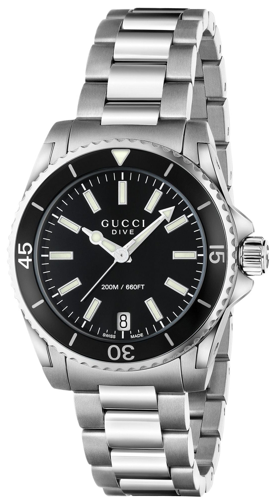 Gucci Dive women's watch with black dial, stainless steel bracelet, and rotating bezel