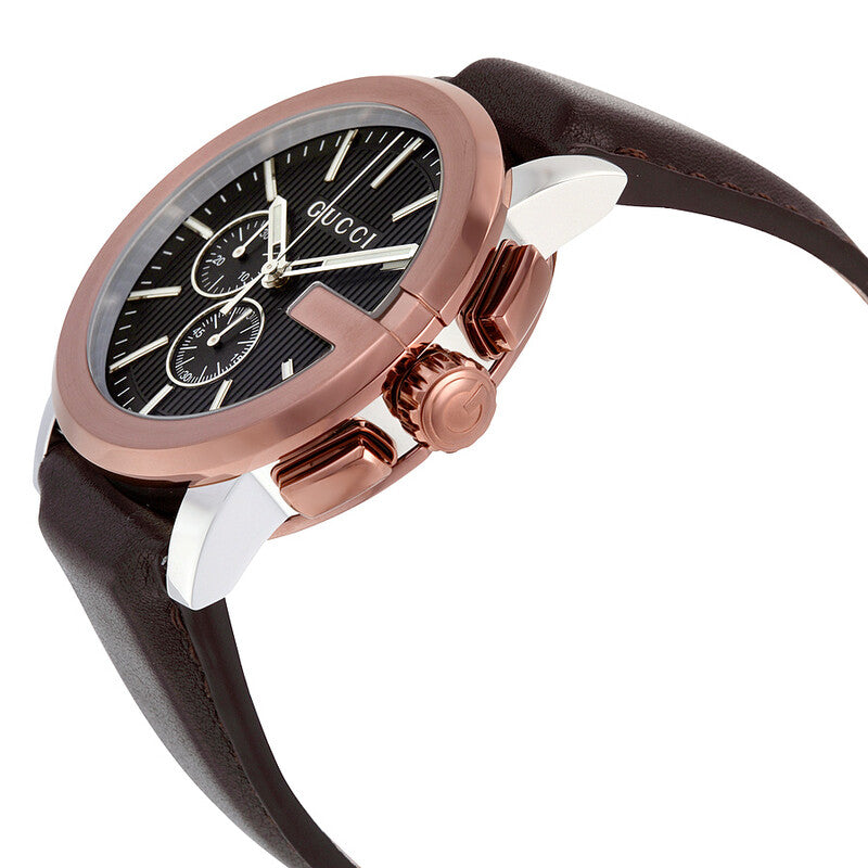 Gucci G-Chrono XL angled view showing brown PVD case and chronograph subdials