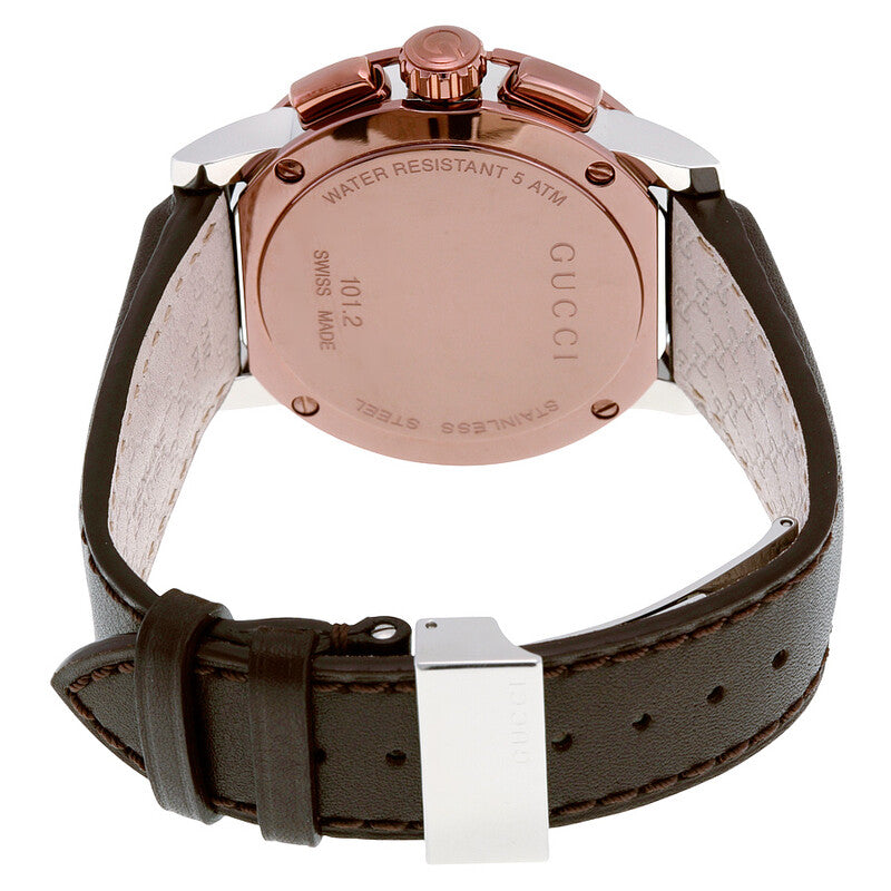 Gucci G-Chrono XL caseback with water resistant 5 ATM marking and brown leather strap