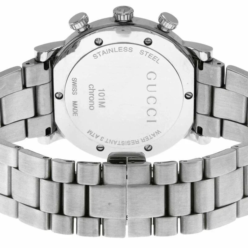 Gucci G Chrono caseback showing stainless steel construction and chronograph movement