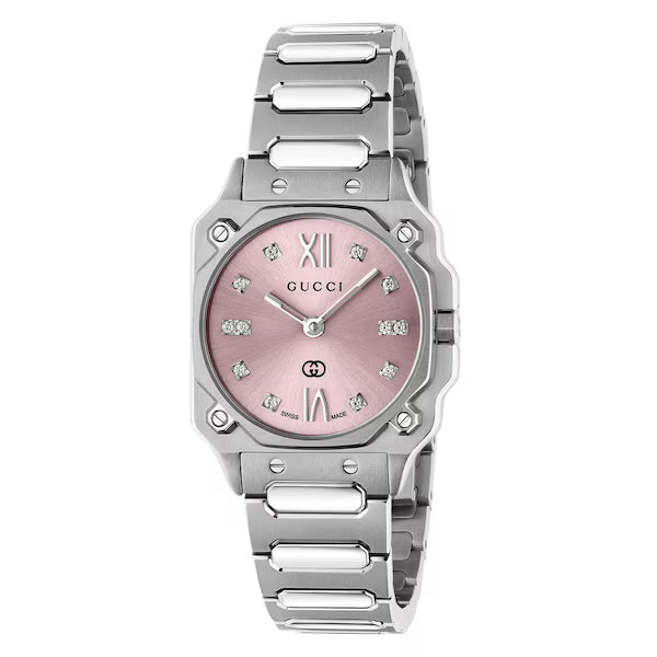 Gucci G-Flat Diamond Accent Pink Dial Stainless Steel Bracelet Women's Watch - YA166501