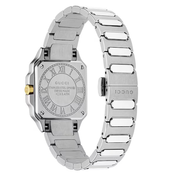 GUCCI G-Flat watch side and caseback view showing square case with Roman numerals and steel bracelet