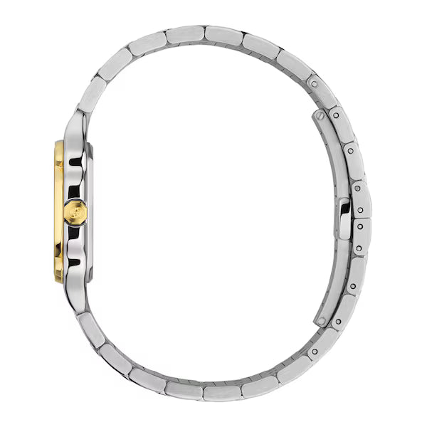 GUCCI G-Flat watch two-tone steel bracelet with gold accents, shown from top-down view