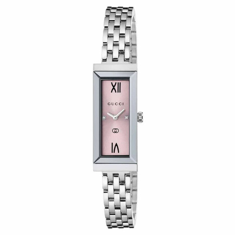 Gucci G-Frame Stainless Steel Pink Dial Diamonds Rectangle Quartz Womens Watch YA127516