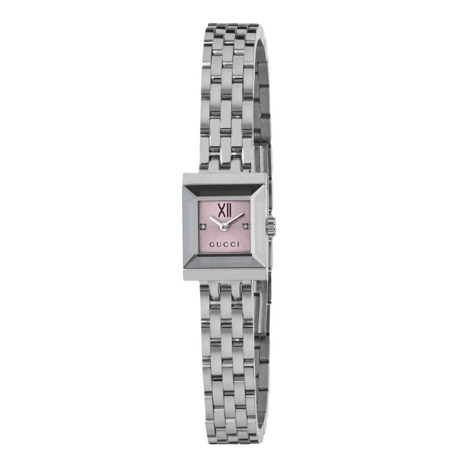Gucci G-Frame quartz watch with pink dial and rectangular stainless steel case