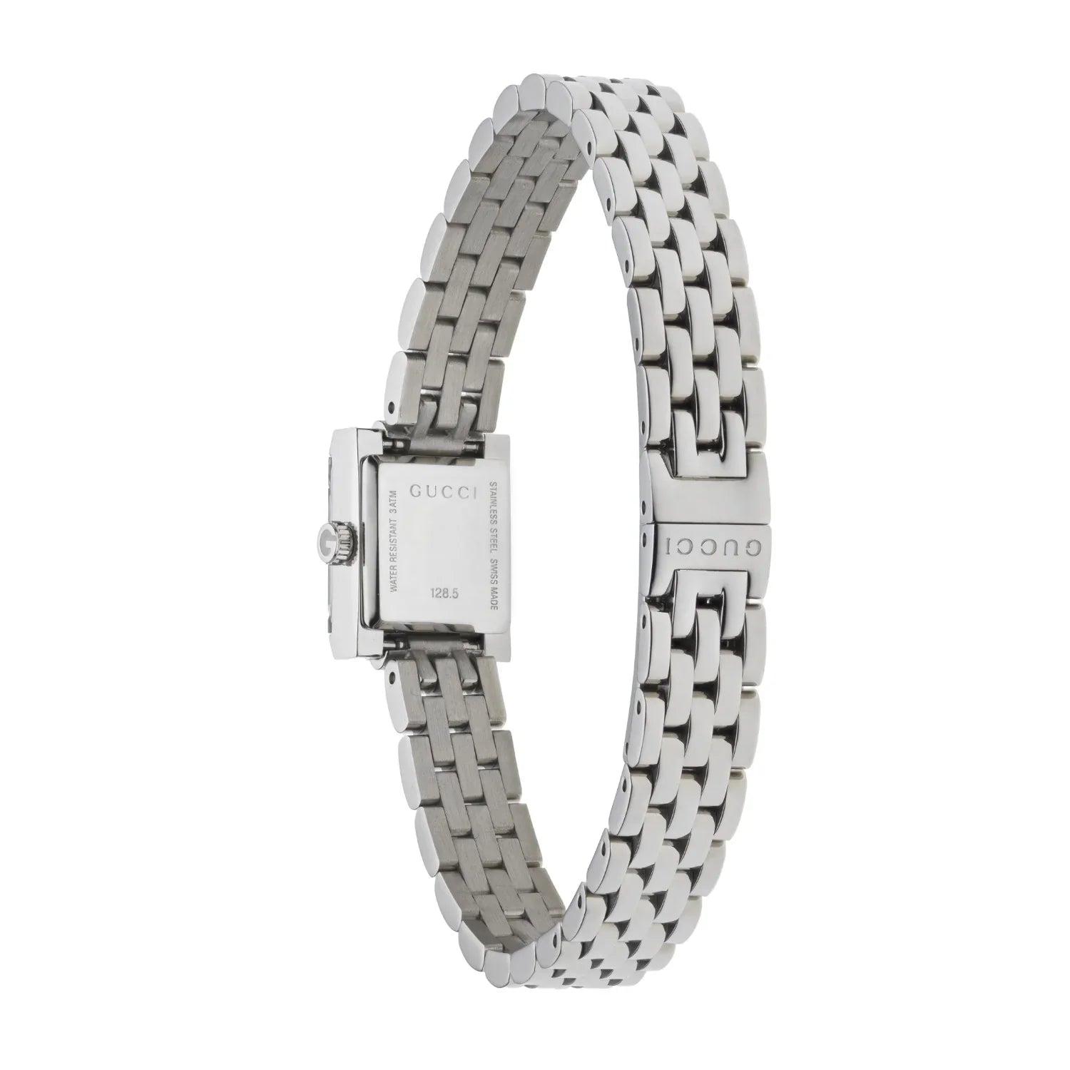 Gucci G-Frame ladies watch with stainless steel bracelet strap, side view