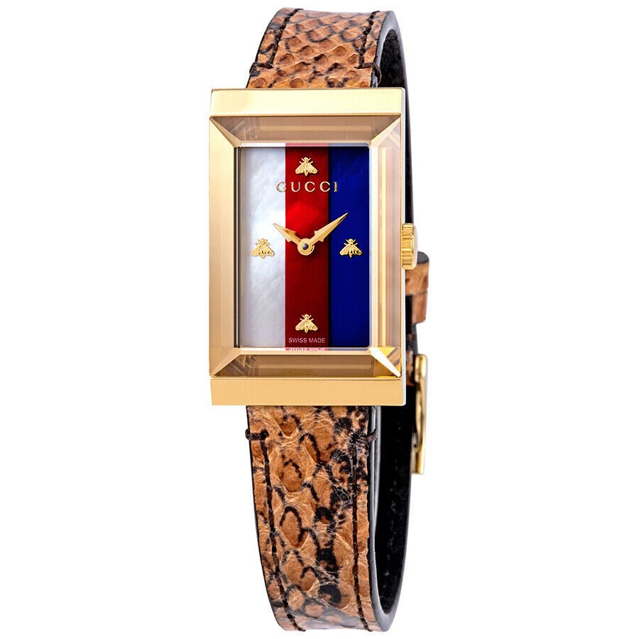 Gucci G-Frame Mother of Pearl Dial Brown Leather Snakeskin Strap Watch For Women - YA147402