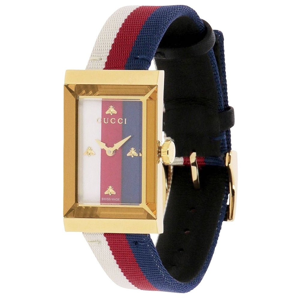 Gucci G-Frame women's watch on wrist showing full strap and gold case with mother of pearl dial