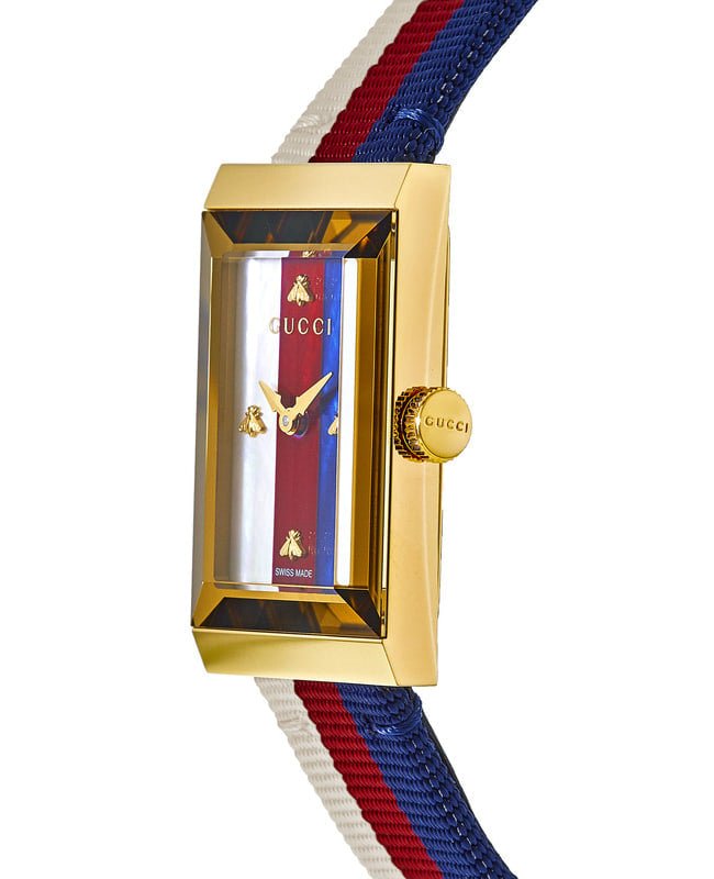 Side view of Gucci G-Frame rectangular watch with gold crown and white, red, navy striped nylon strap