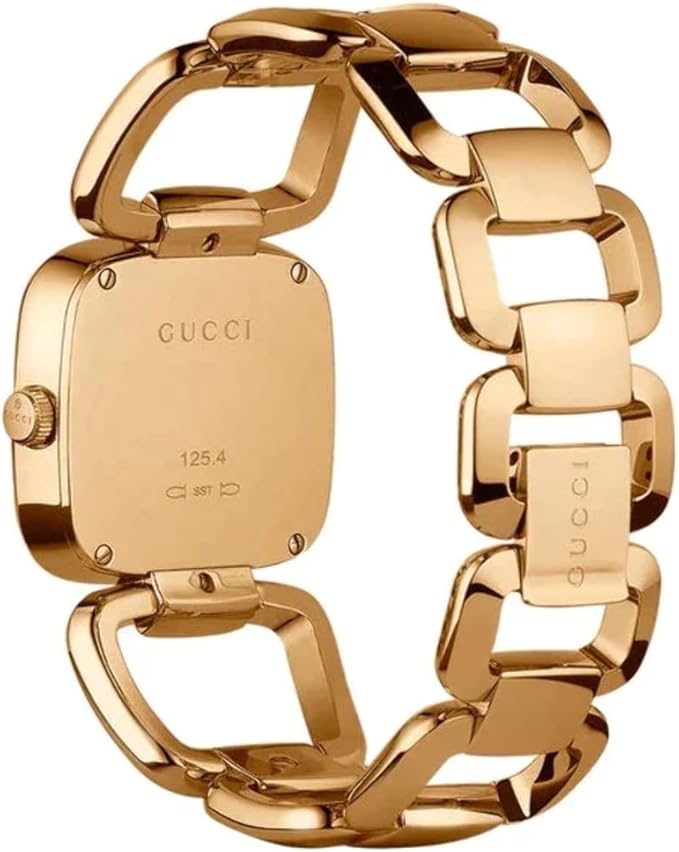 Caseback of Gucci G-Gucci watch displaying gold-tone case and bracelet design