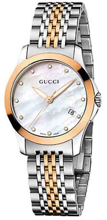 GUCCI G-Timeless SM 27MM MOP 12-Diamond Two Tone Women's Watch YA126514