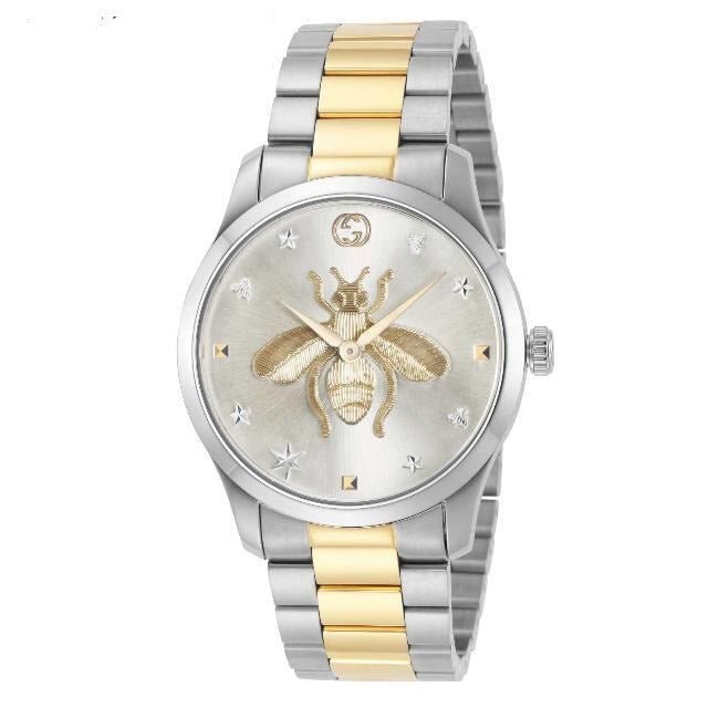 G-Timeless 38mm watch face showing bee design and gold index markers