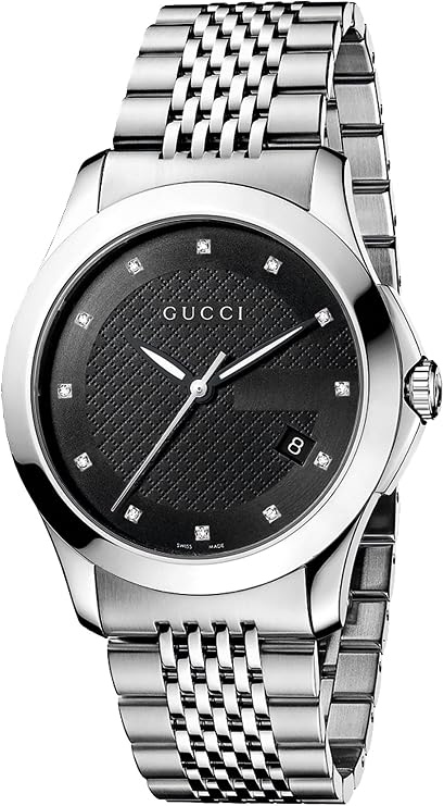 Gucci G Timeless Diamonds black dial watch with silver steel bracelet strap and diamond hour markers