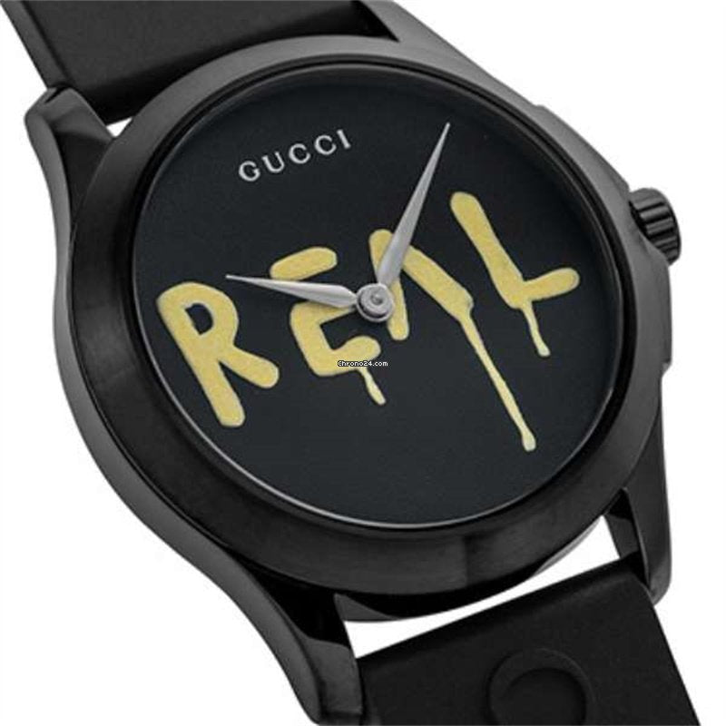 Gucci G Timeless Ghost side angle view of black watch with REAL graphic dial
