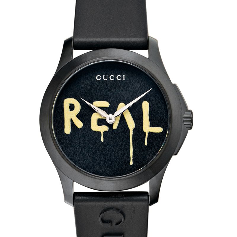 Gucci G Timeless Ghost watch angled view showing case and black strap