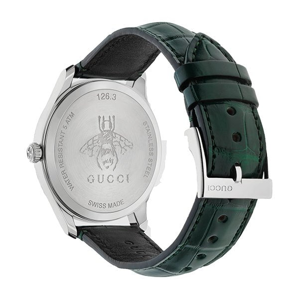 Gucci G-Timeless case back showing engraved Gucci logo, 126.3 reference number, and Swiss made marking