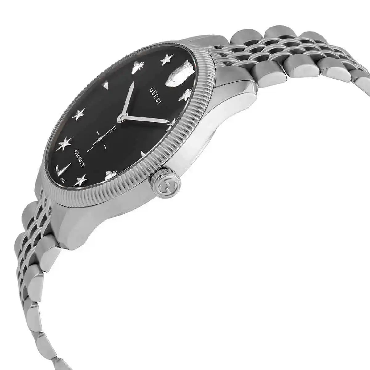 Gucci G-Timeless watch angle view showing black dial with stars and stainless steel case