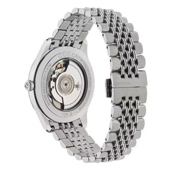Gucci G-Timeless watch caseback displaying automatic movement and exhibition window