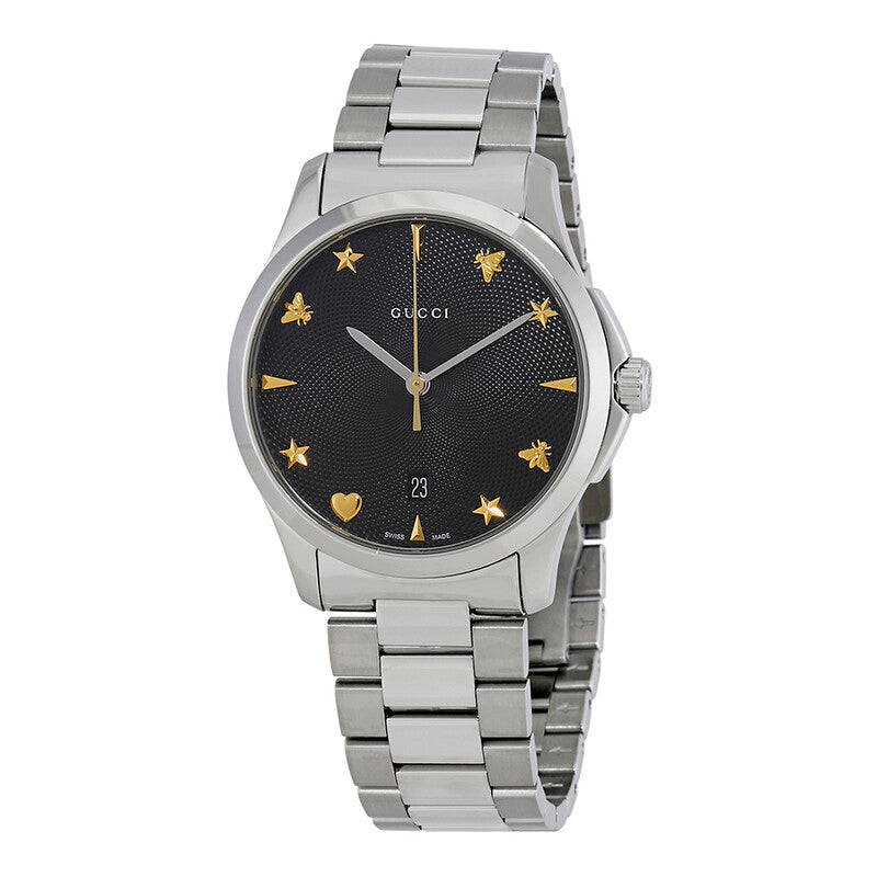 Gucci G-Timeless watch with black dial, gold bee and star markers, steel case and bracelet