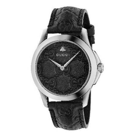 Gucci G Timeless men's watch with GG patterned black leather band