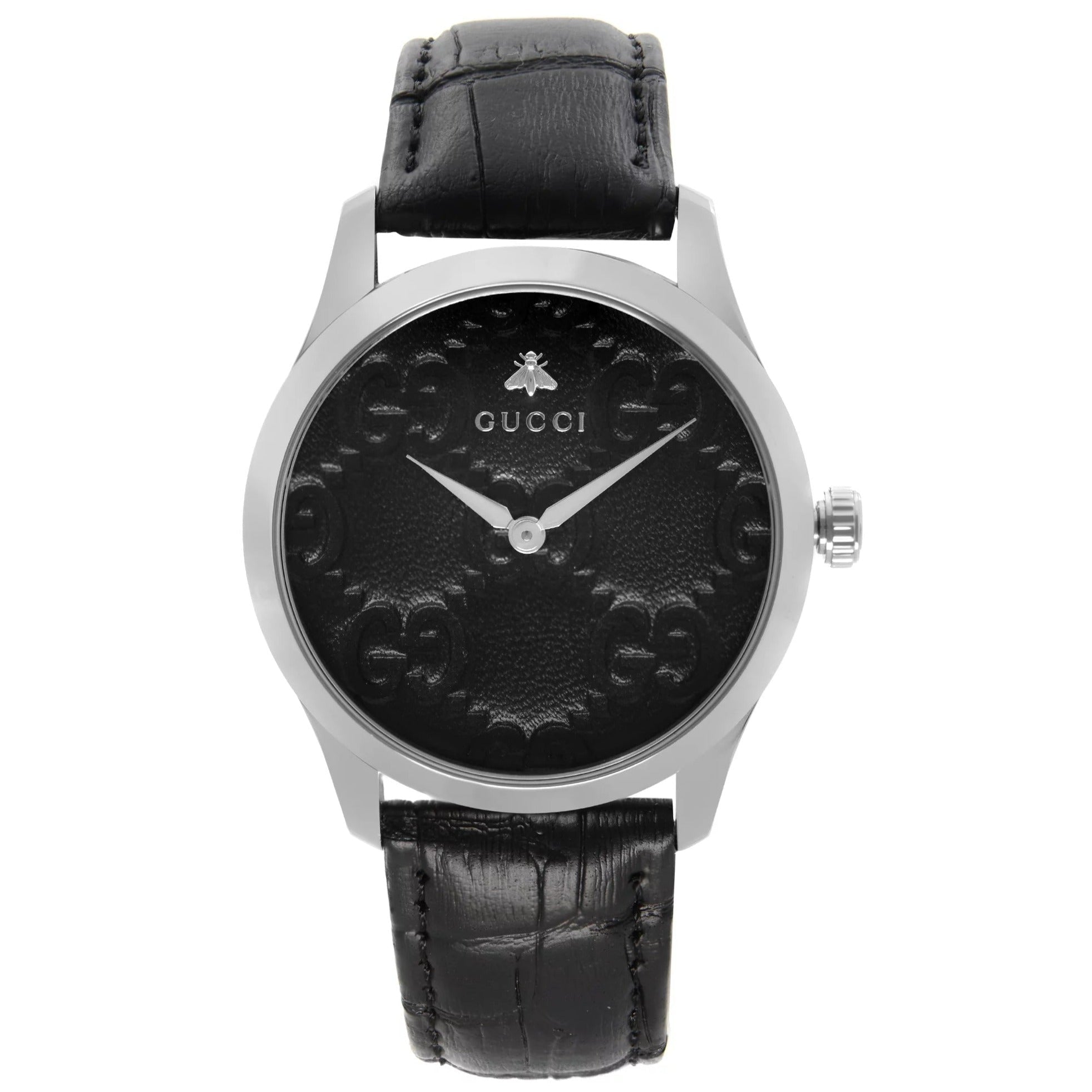 Gucci G Timeless watch three-quarter view with black leather strap