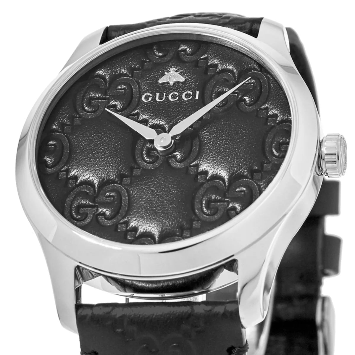 Close-up of Gucci G Timeless black embossed dial with bee logo