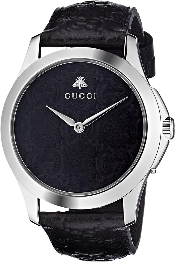 Gucci G Timeless quartz watch front facing with embossed dial