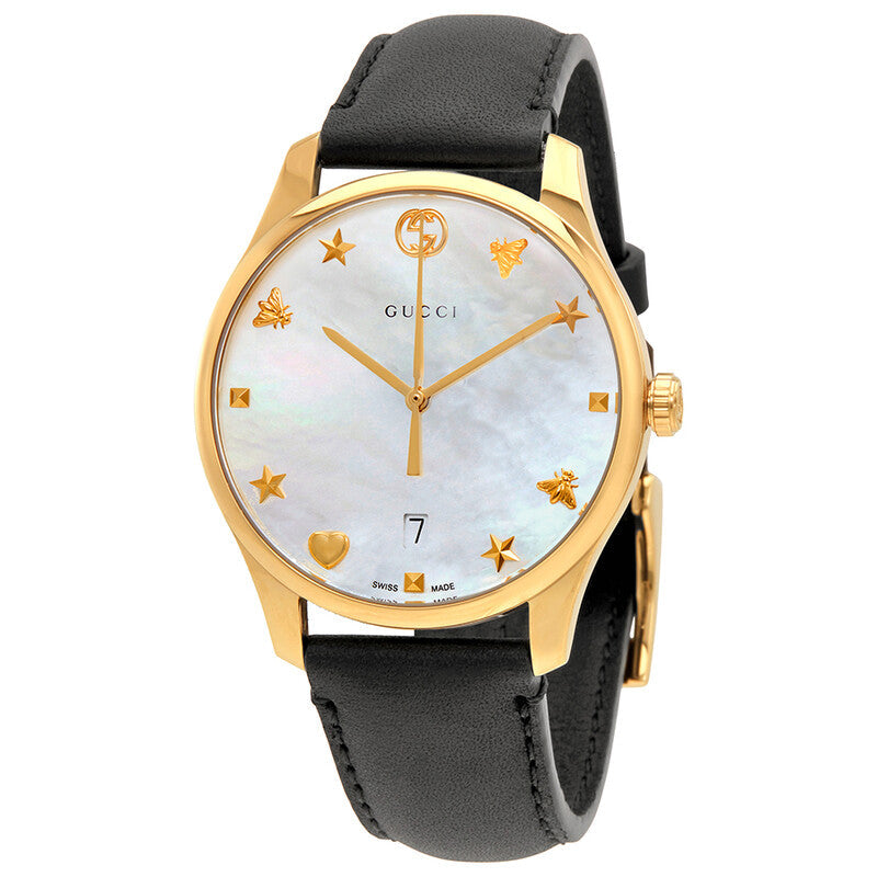 Gucci G-Timeless Mother of Pearl Dial Black Leather Strap Watch For Women - YA1264044