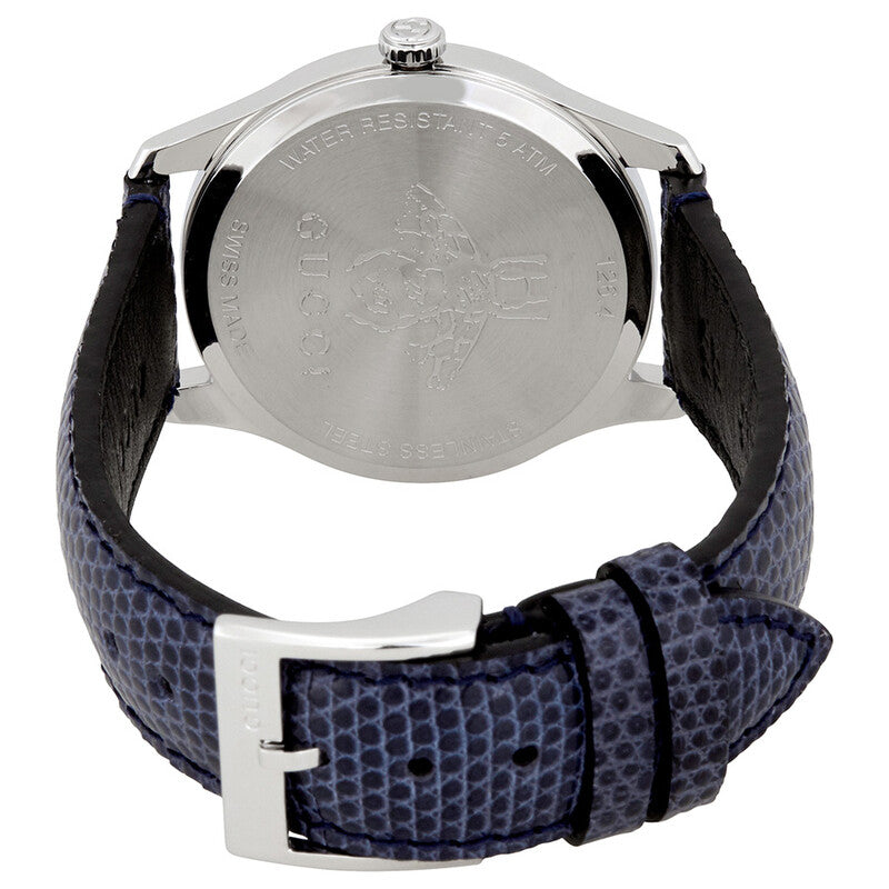 Gucci G-Timeless watch caseback with engraving and blue quilted leather strap detail