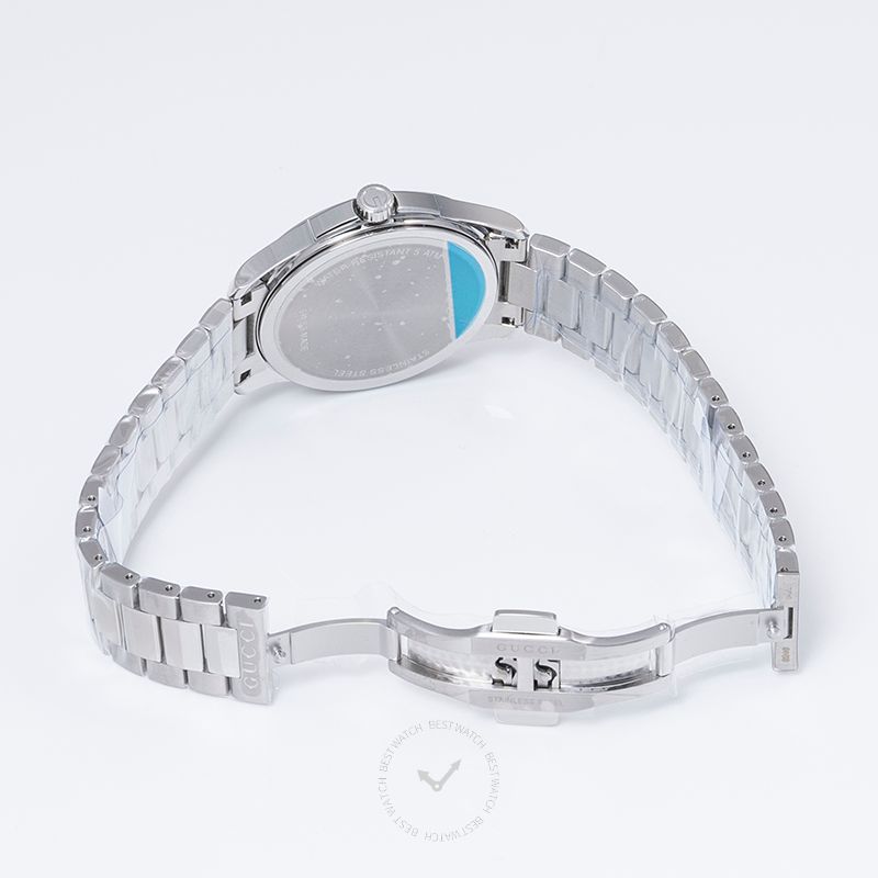 Gucci G-Timeless caseback view displaying steel bracelet and case back details