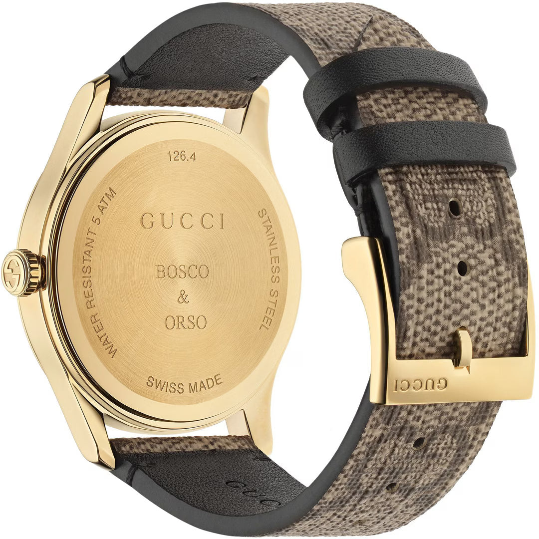 Gucci G-Timeless caseback engraved with BOSCO and ORSO, Swiss made