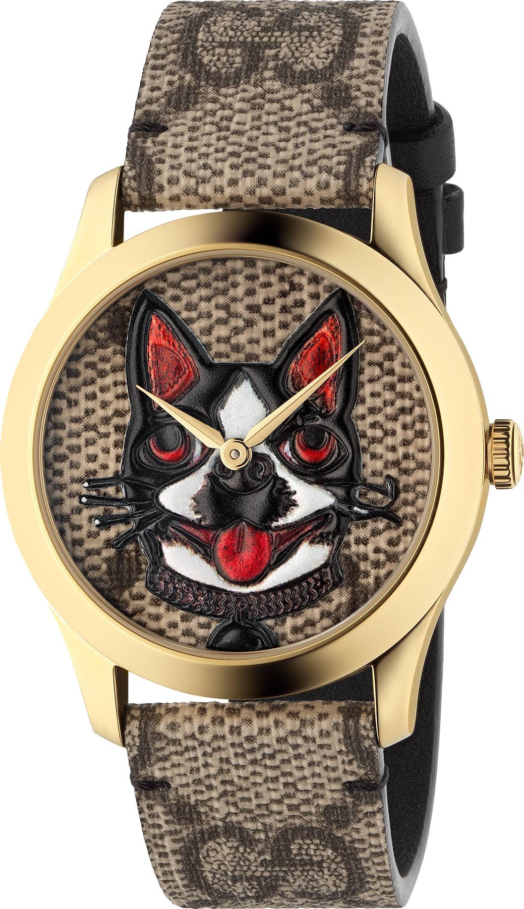 Gucci G-Timeless watch with gold-plated case and cat face brown dial