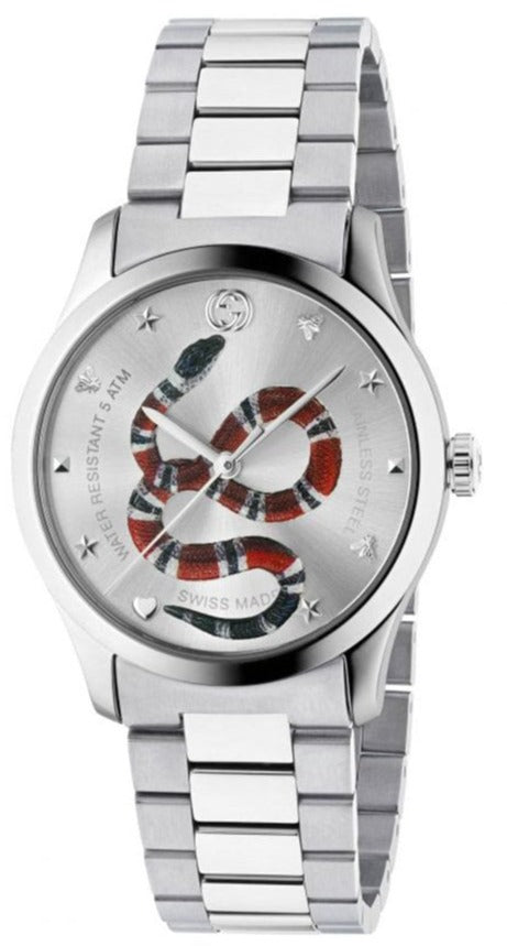 Gucci G-Timeless Silver Dial with Snake Motif Stainless Steel Watch YA1264076