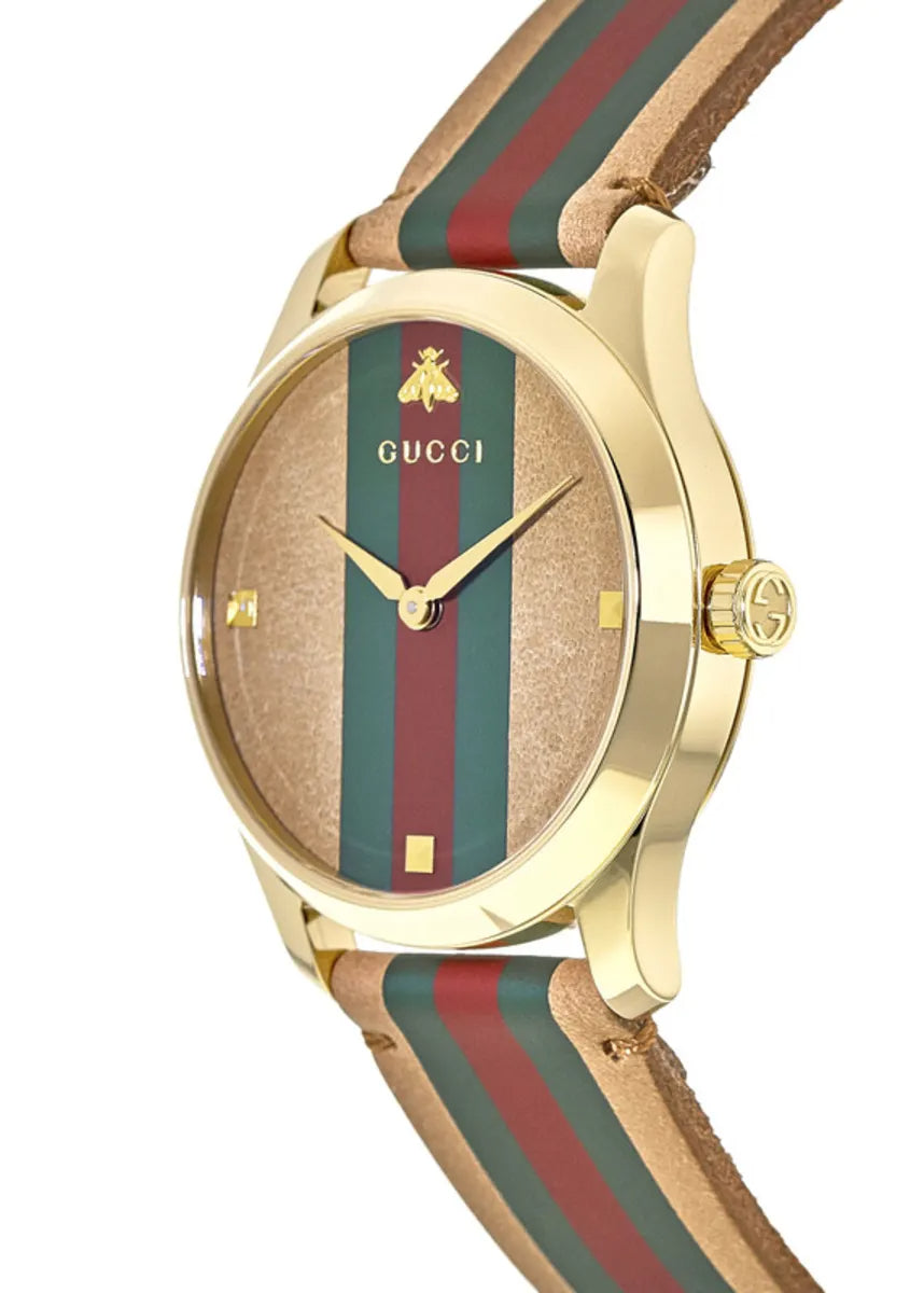 Side profile of Gucci G-Timeless 38mm watch with green-red-green striped strap