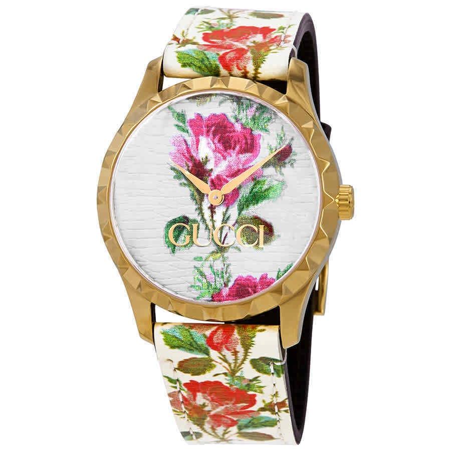 Gucci G Timeless women's watch with cream dial, red floral design, and gold-tone case