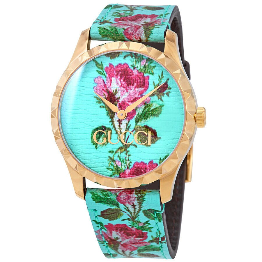 Gucci G-Timeless Aqua Floral Print Dial Leather Ladies Watch YA1264085